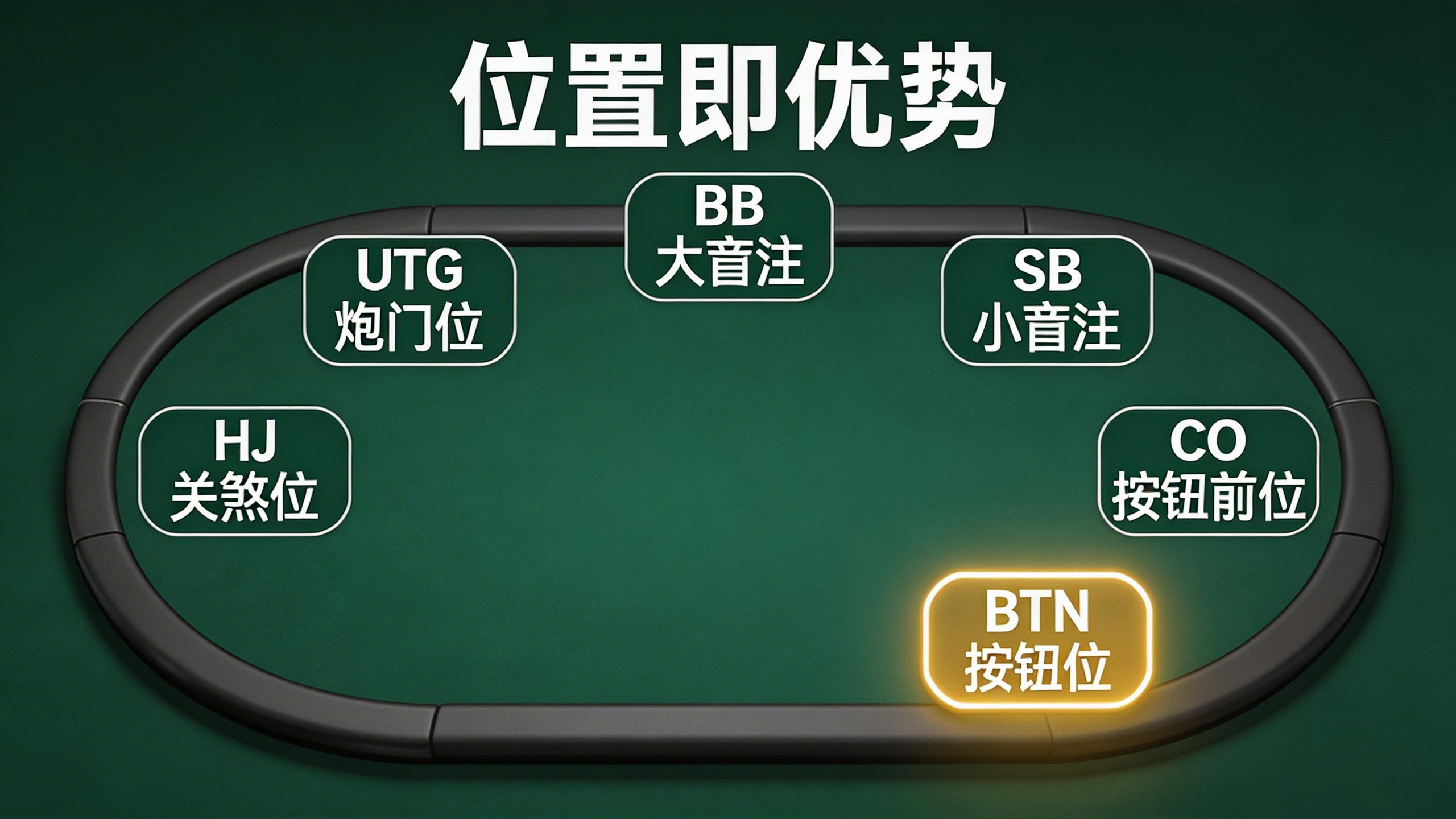 BTN位置在扑克桌上的优势示意图，金色光芒从BTN位置散射