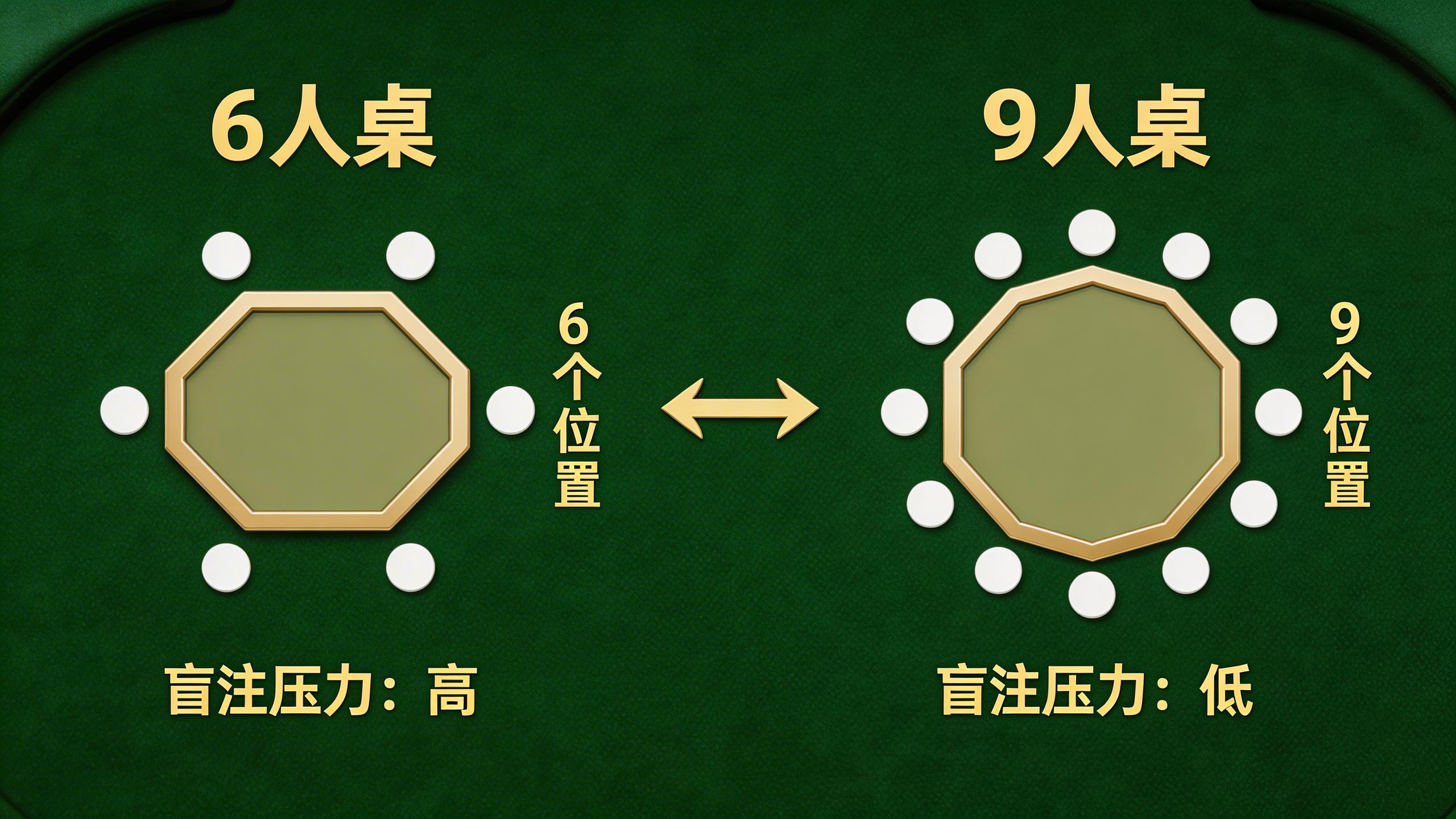 6人桌与9人桌对比示意图，展示位置压力差异