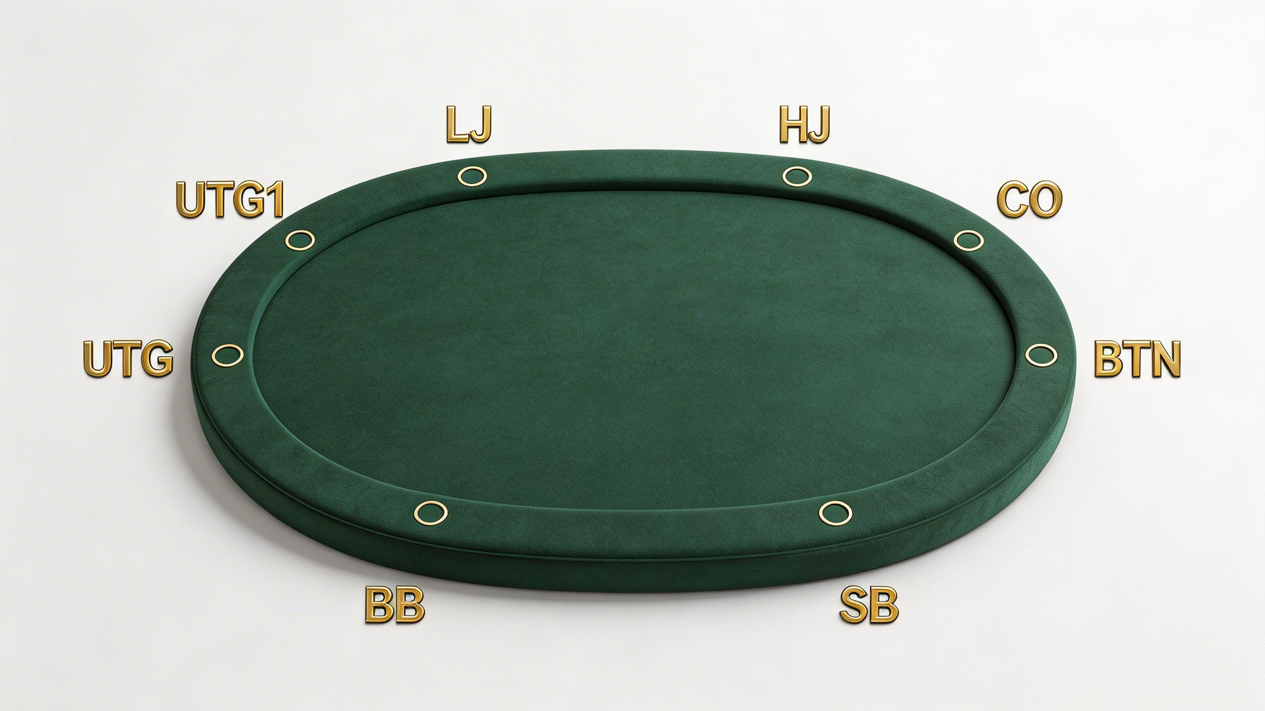 扑克桌俯视图，标注各位置名称UTG、HJ、CO、BTN、SB、BB，展示位置相对关系