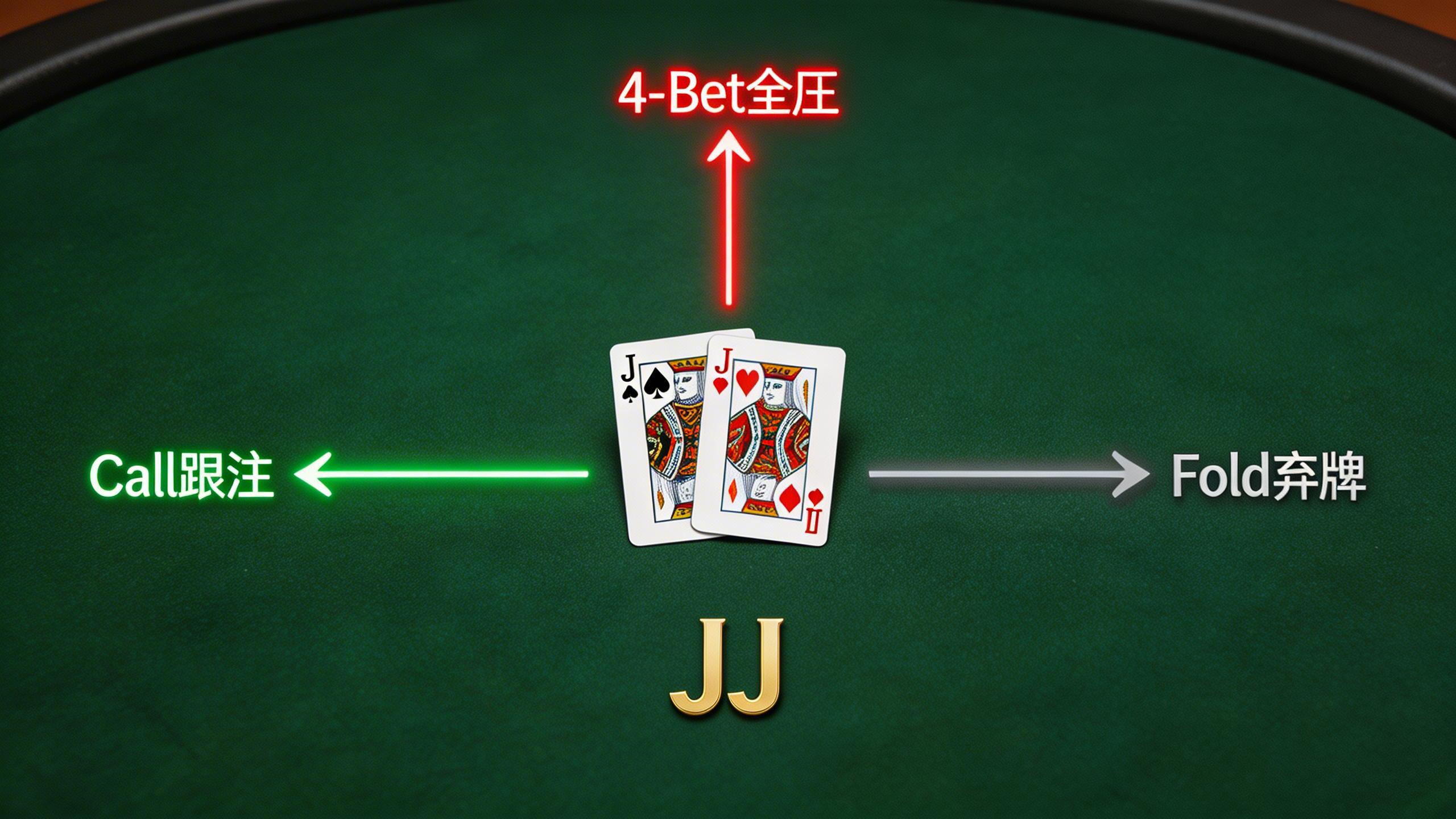 德州扑克翻前决策树示意图，展示面对3-Bet时的推、跟、弃三条路径