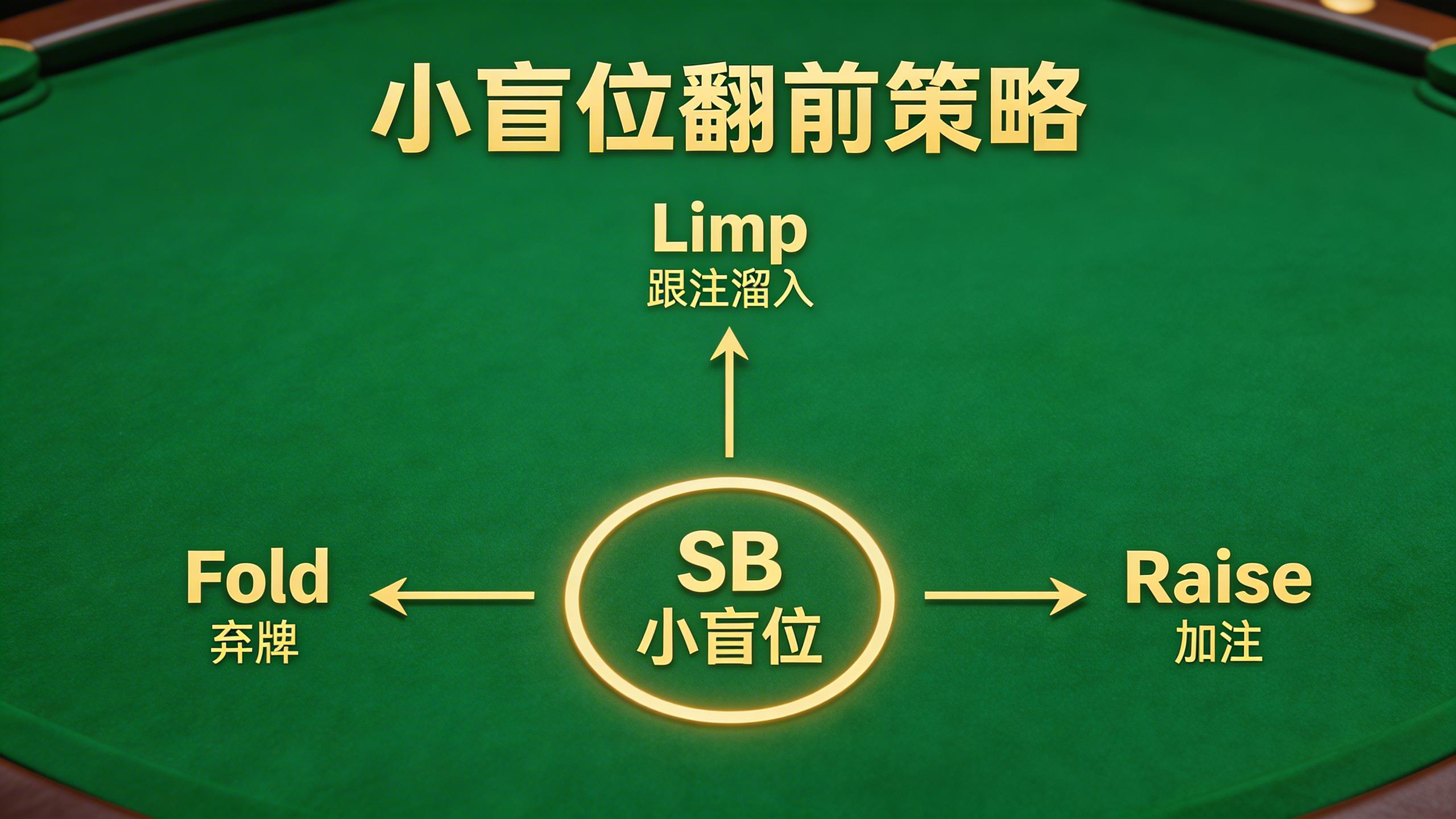 小盲位德州扑克翻前策略概念图，展示SB位置的决策分叉