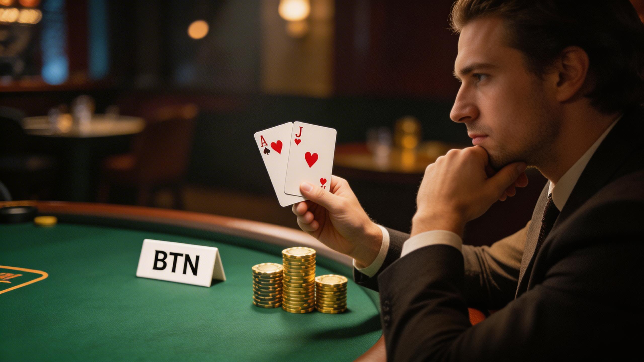 德州扑克BTN位置玩家思考翻前决策，牌桌上有筹码和两张手牌