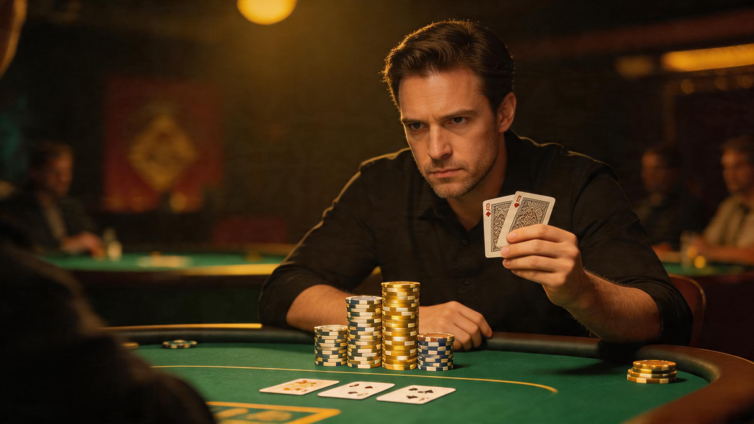 德州扑克锦标赛翻前决策关键时刻,一名玩家面对对手全压筹码沉思