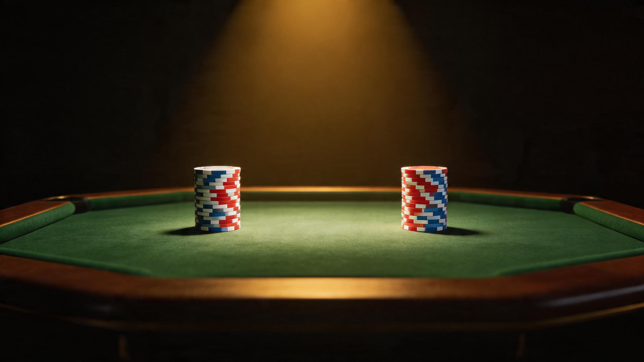 单挑扑克决战场景，两位职业玩家对视，筹码摆在桌上