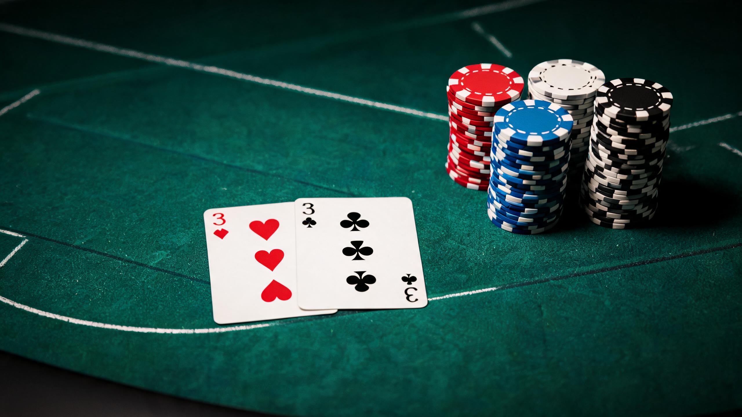 德州扑克牌桌上翻出的小对子，筹码堆与底牌的特写