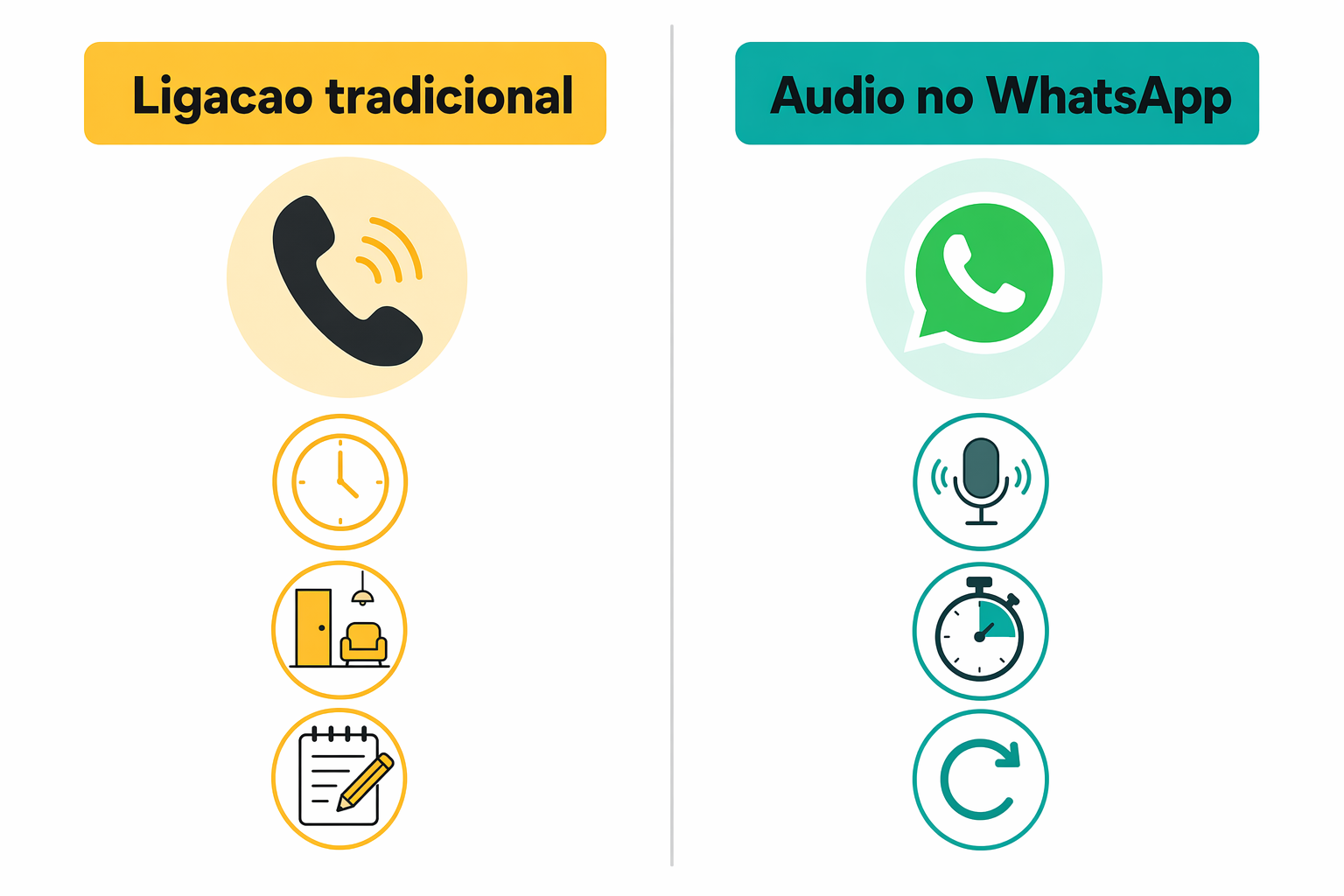 Comparação entre ligação telefônica tradicional e áudio de WhatsApp para entrevista de triagem, mostrando as diferenças de etiqueta entre os dois formatos