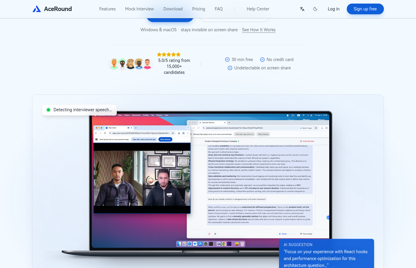 AceRound's live interview copilot overlay showing a real-time AI suggestion during a video call, staying invisible on screen share