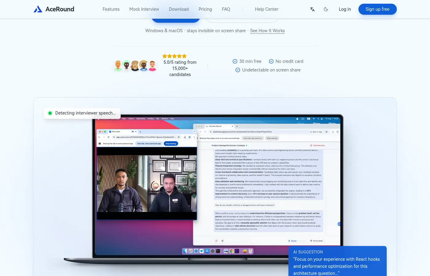 AceRound's live interview copilot overlay showing a real-time AI suggestion during a video call, staying invisible on screen share