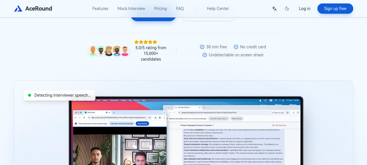 AceRound's real-time interview copilot showing a live suggestion during a screen-shared video call