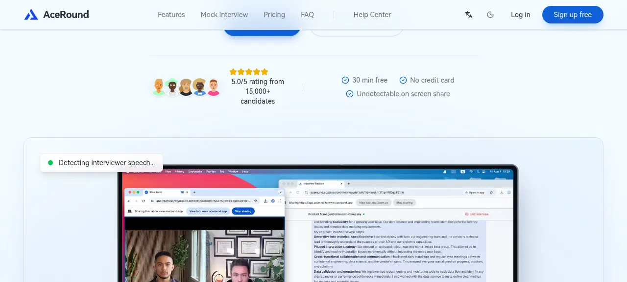 AceRound's real-time interview copilot showing a live suggestion during a screen-shared video call