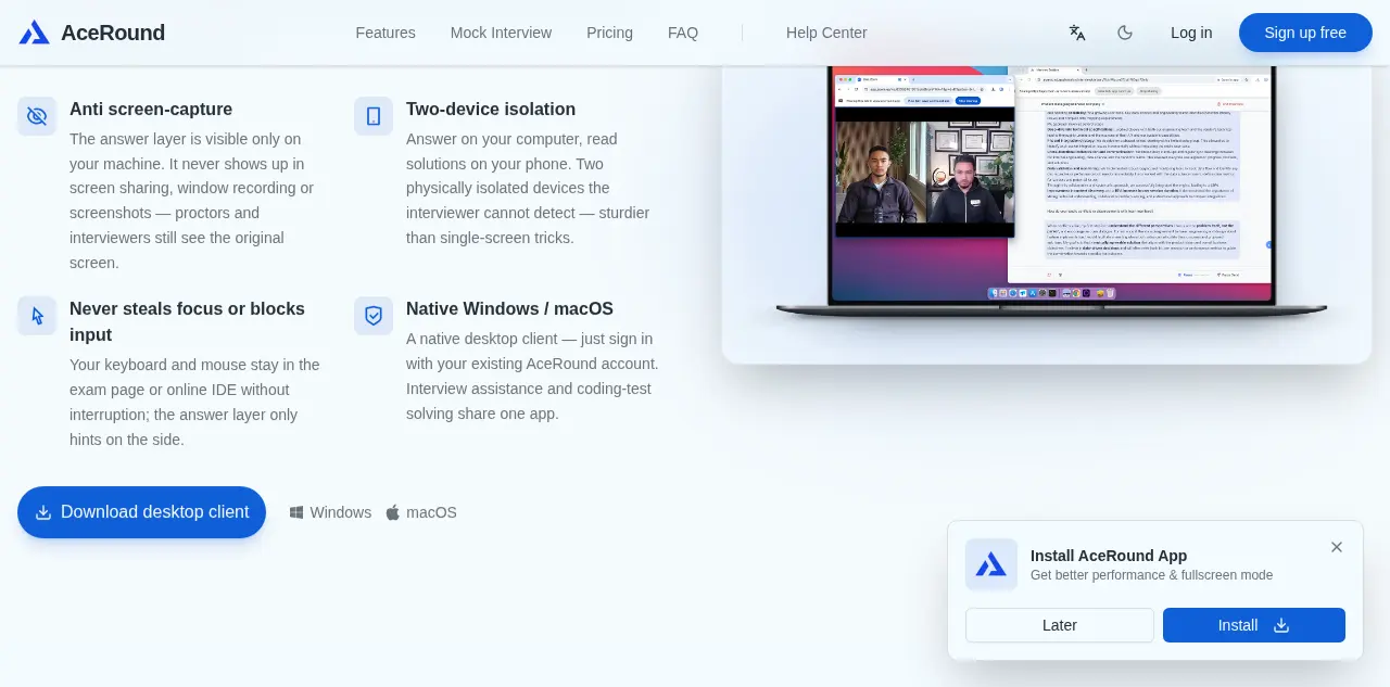 AceRound desktop client anti screen-capture and two-device isolation features