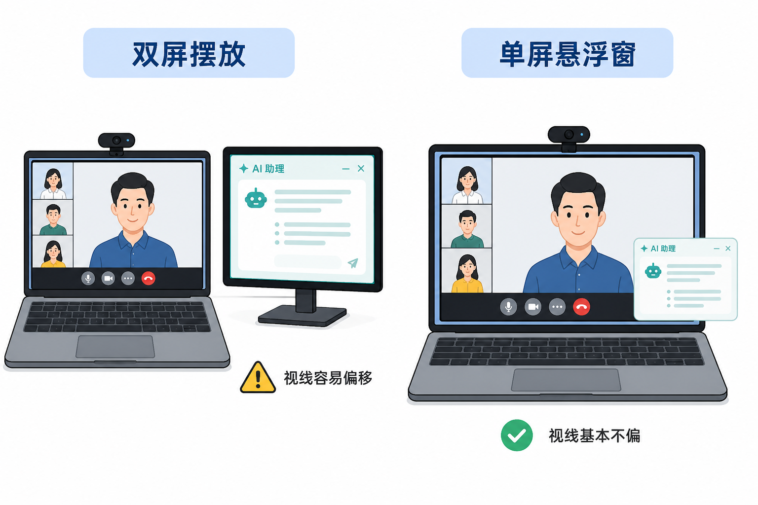 视频面试双屏摆放和单屏悬浮窗两种方案对比:双屏视线容易偏移,单屏悬浮窗视线基本不偏
