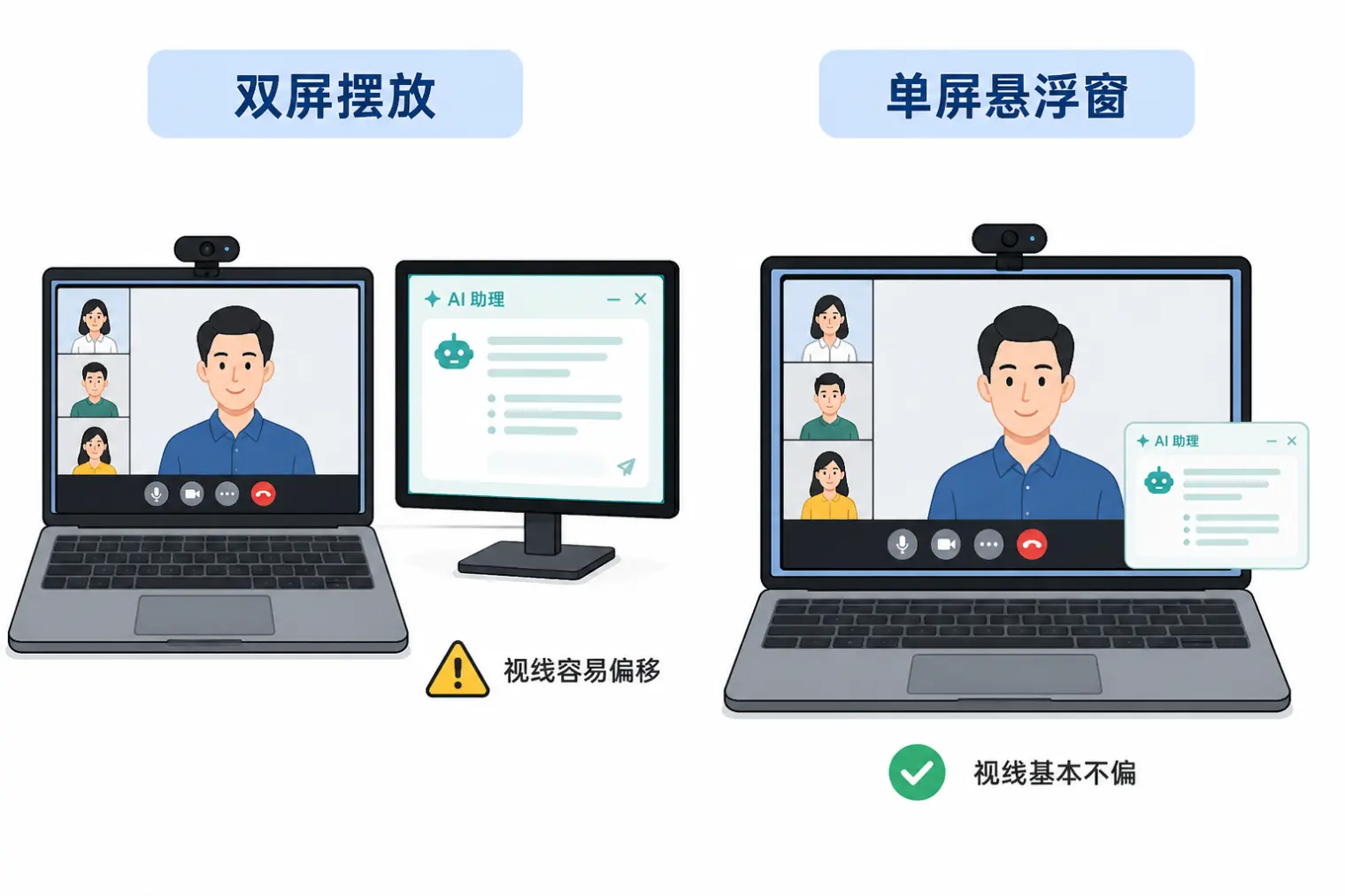 视频面试双屏摆放和单屏悬浮窗两种方案对比：双屏视线容易偏移，单屏悬浮窗视线基本不偏