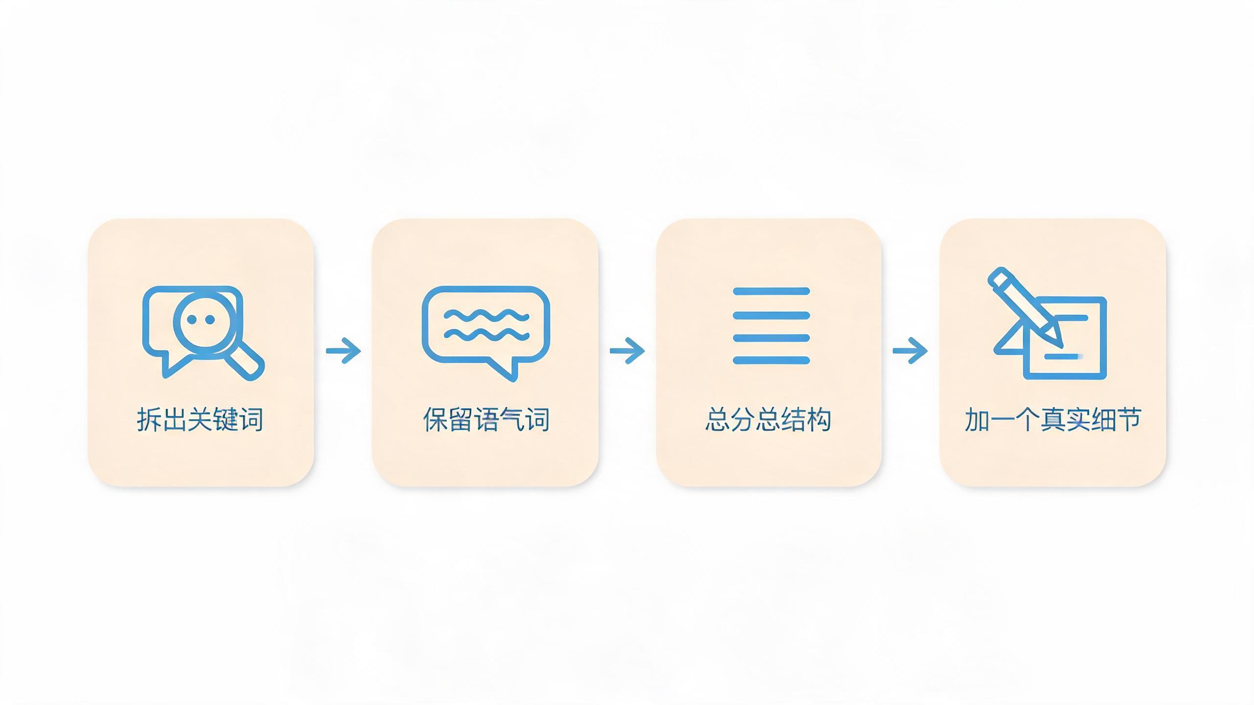 AI面试提示改写四步法：拆出关键词、保留语气词、总分总结构、加一个真实细节