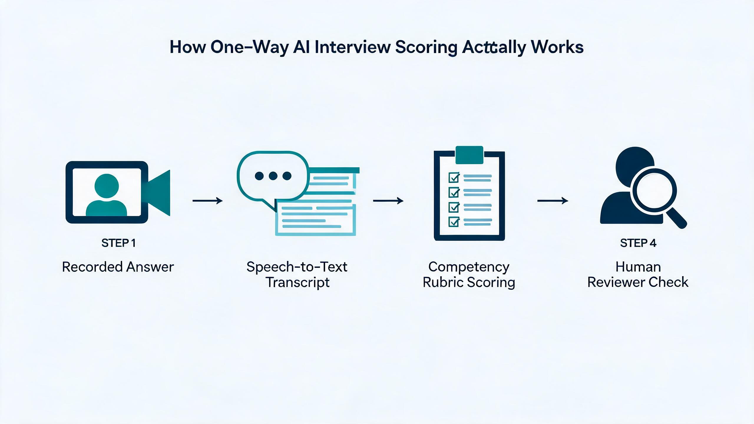 How one-way AI interview scoring actually works: recorded answer, speech-to-text transcript, competency rubric scoring, human reviewer check