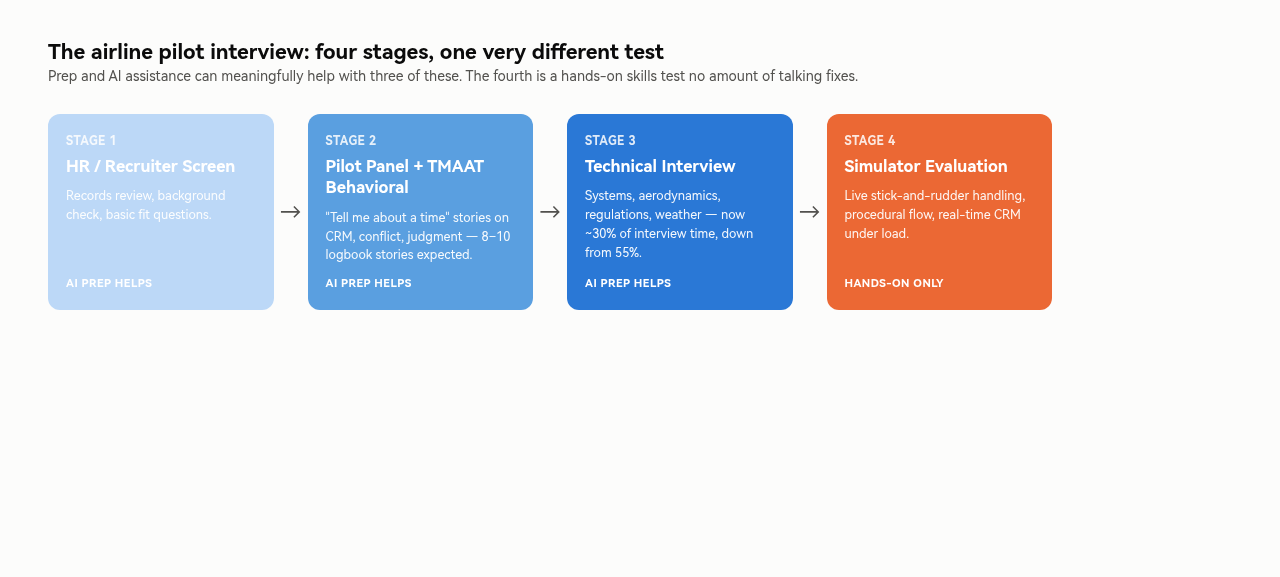 Diagram of the four airline pilot interview stages — HR screen, TMAAT panel, technical interview, and simulator evaluation — with the first three marked as helped by AI prep and the fourth marked hands-on only