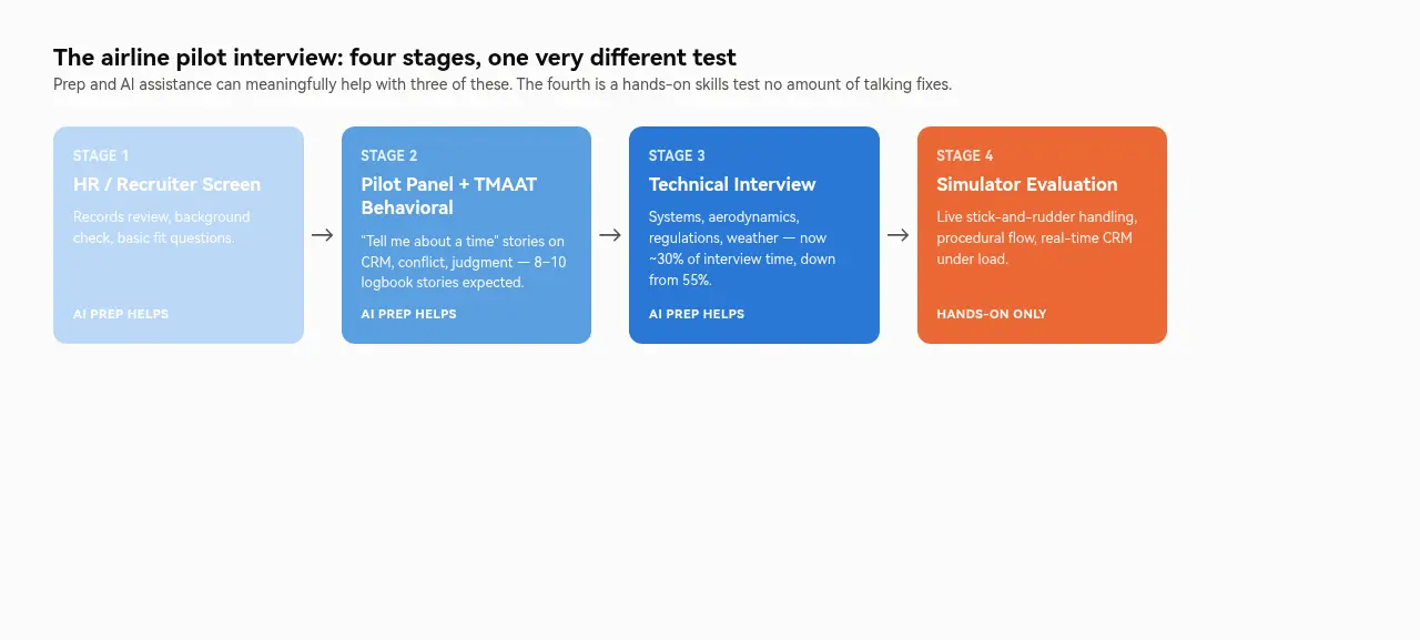 Diagram of the four airline pilot interview stages — HR screen, TMAAT panel, technical interview, and simulator evaluation — with the first three marked as helped by AI prep and the fourth marked hands-on only