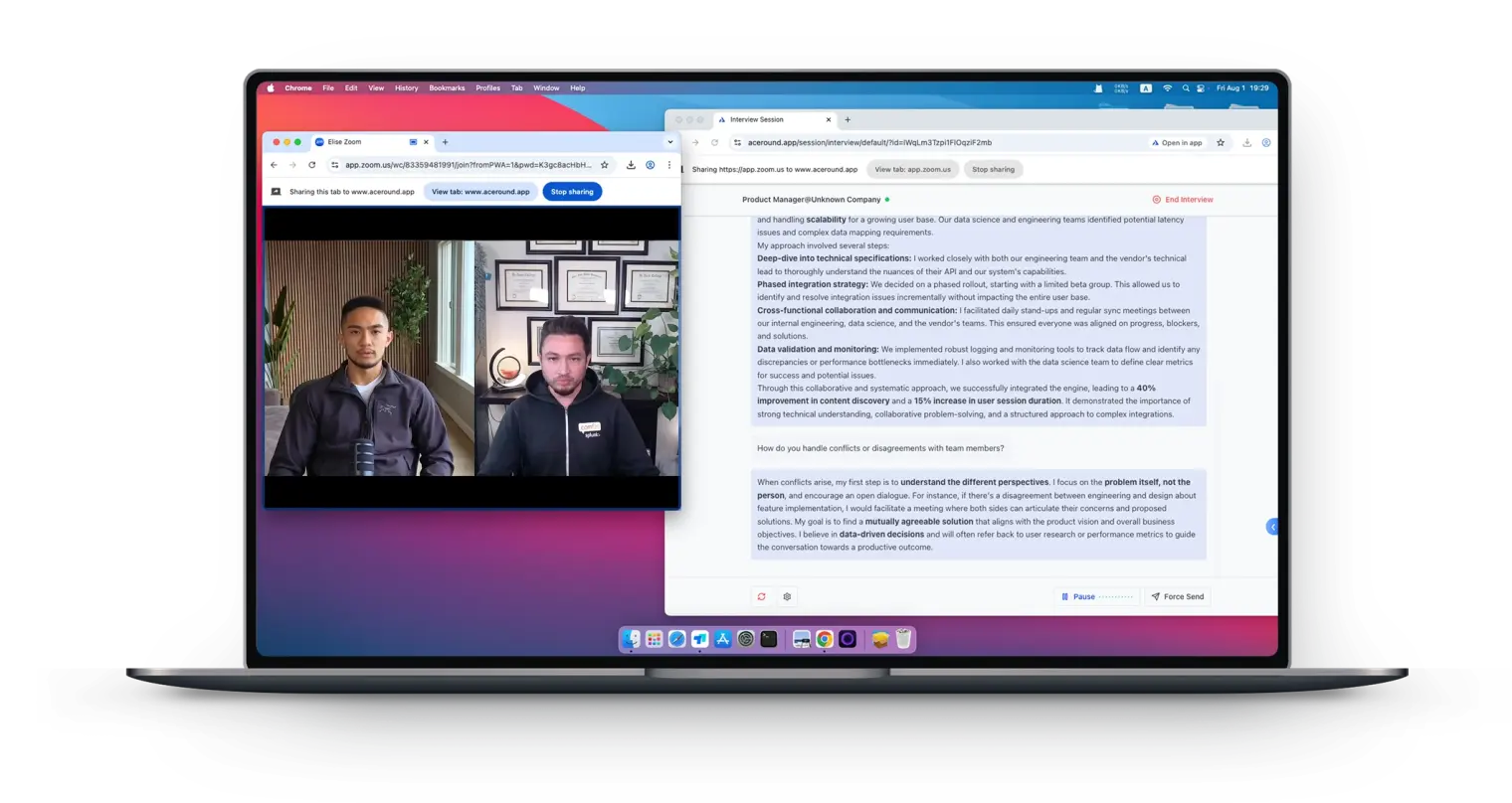 AceRound desktop copilot beside a live video interview