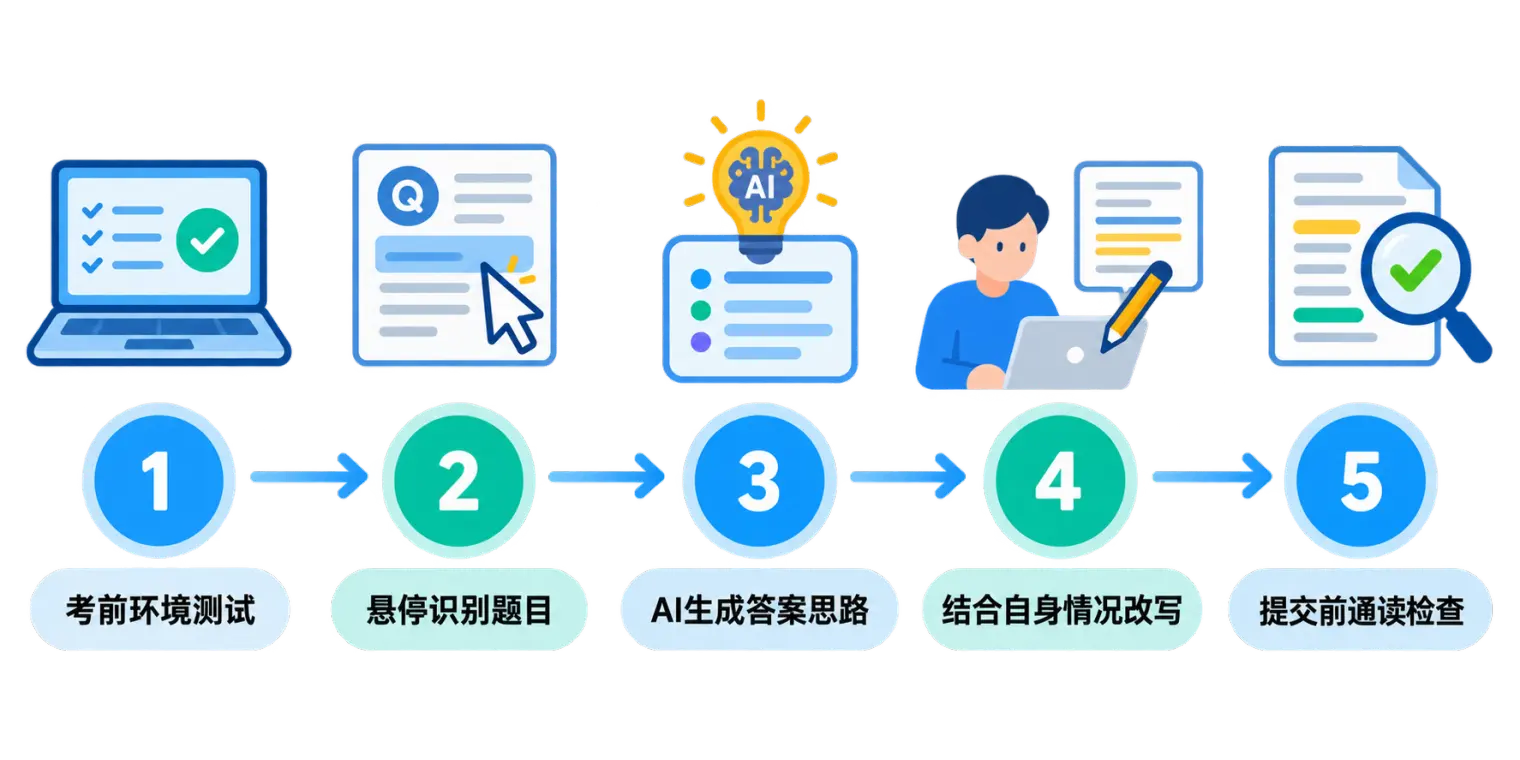 AI笔试助手使用五步流程:考前环境测试、悬停识别题目、AI生成答案思路、结合自身情况改写、提交前通读检查