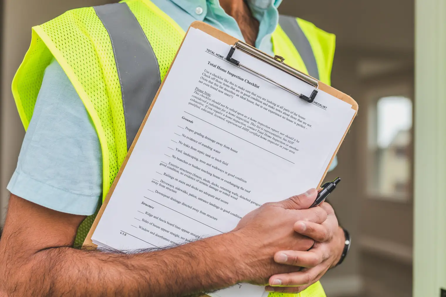 Una persona con chaleco de seguridad amarillo sosteniendo una tabla sujetapapeles y un lápiz durante una inspección de daños materiales