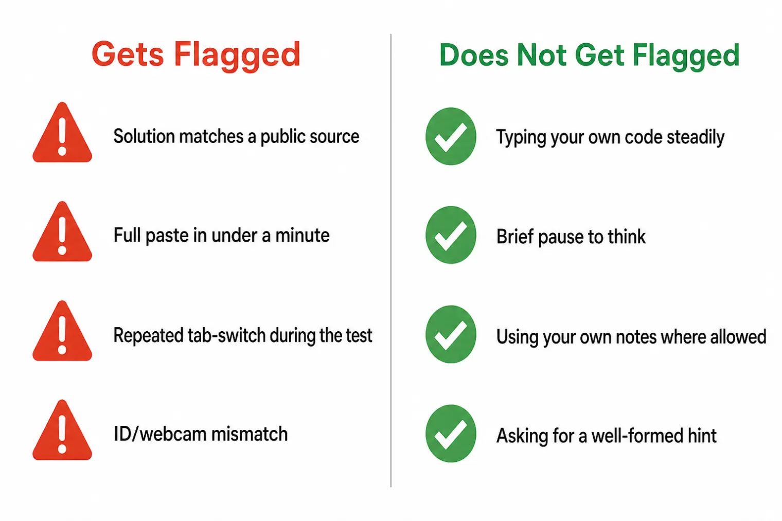 Behaviors that get flagged on CodeSignal versus behaviors that don't