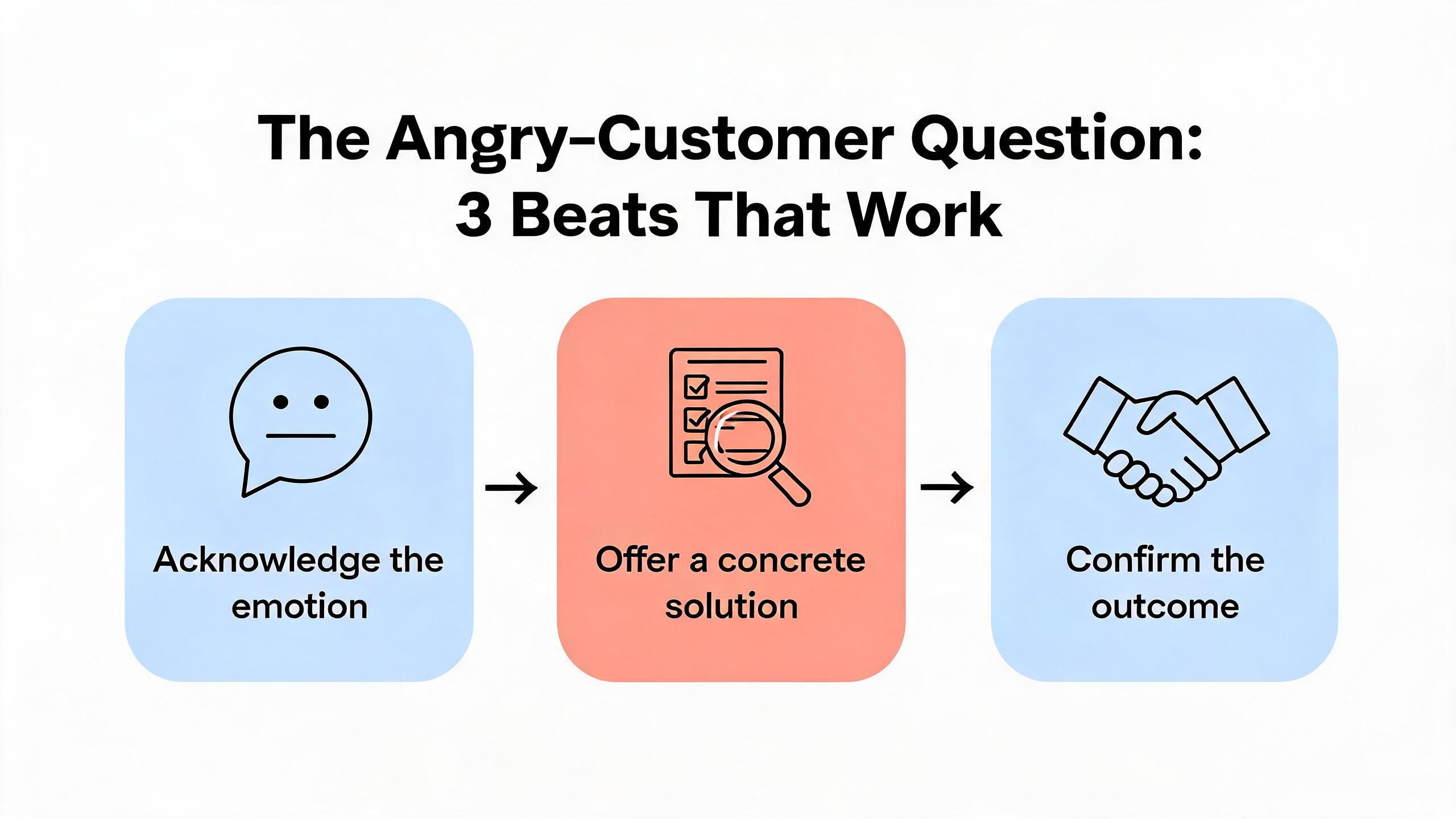 The angry-customer interview question broken into three beats: acknowledge the emotion, offer a concrete solution, confirm the outcome