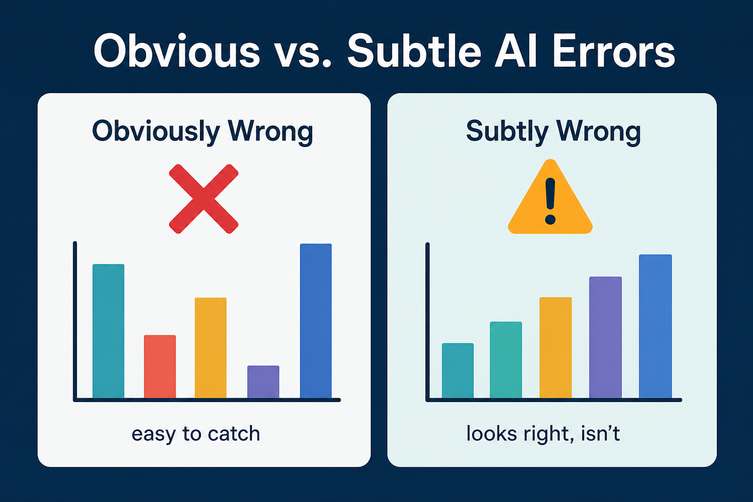 A flat infographic comparing an obviously wrong AI output, marked with a red X and labeled easy to catch, against a subtly wrong AI output that looks correct at a glance, marked with an amber warning triangle