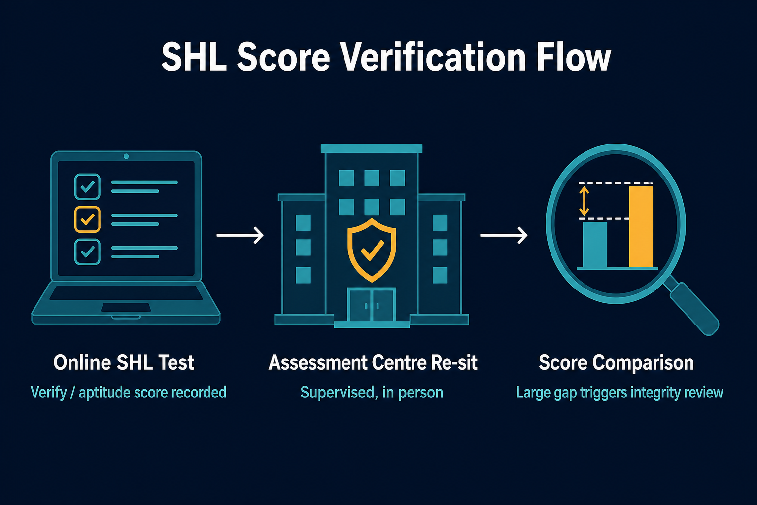 Diagram: online SHL test result compared against supervised assessment-centre re-sit result