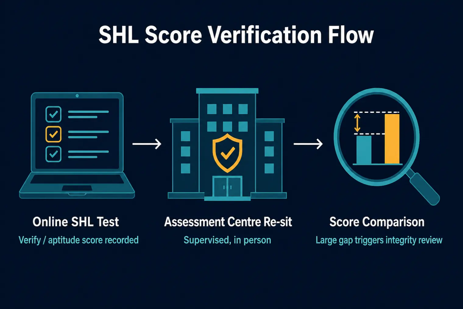 Diagram: online SHL test result compared against supervised assessment-centre re-sit result