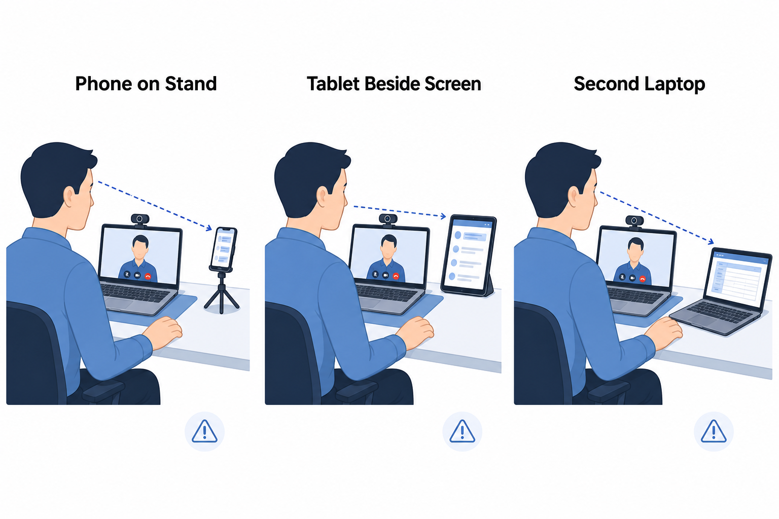 Três configurações de entrevista com dois dispositivos: celular em suporte, tablet ao lado da tela e segundo notebook, cada um com uma seta indicando o desvio do olhar até o segundo dispositivo