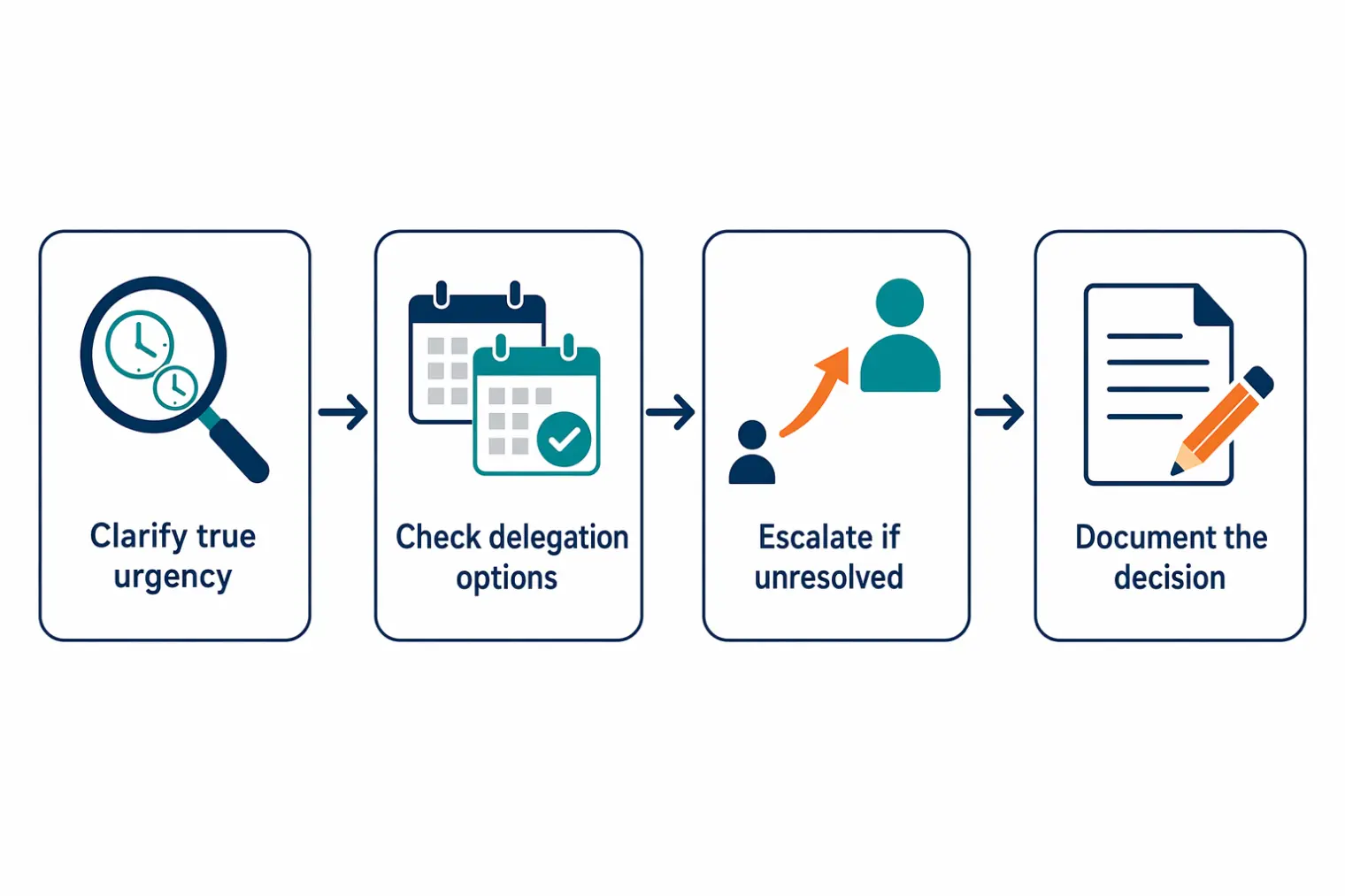 Executive assistant triage decision flow: clarify true urgency, check delegation options, escalate only if unresolved, document the decision