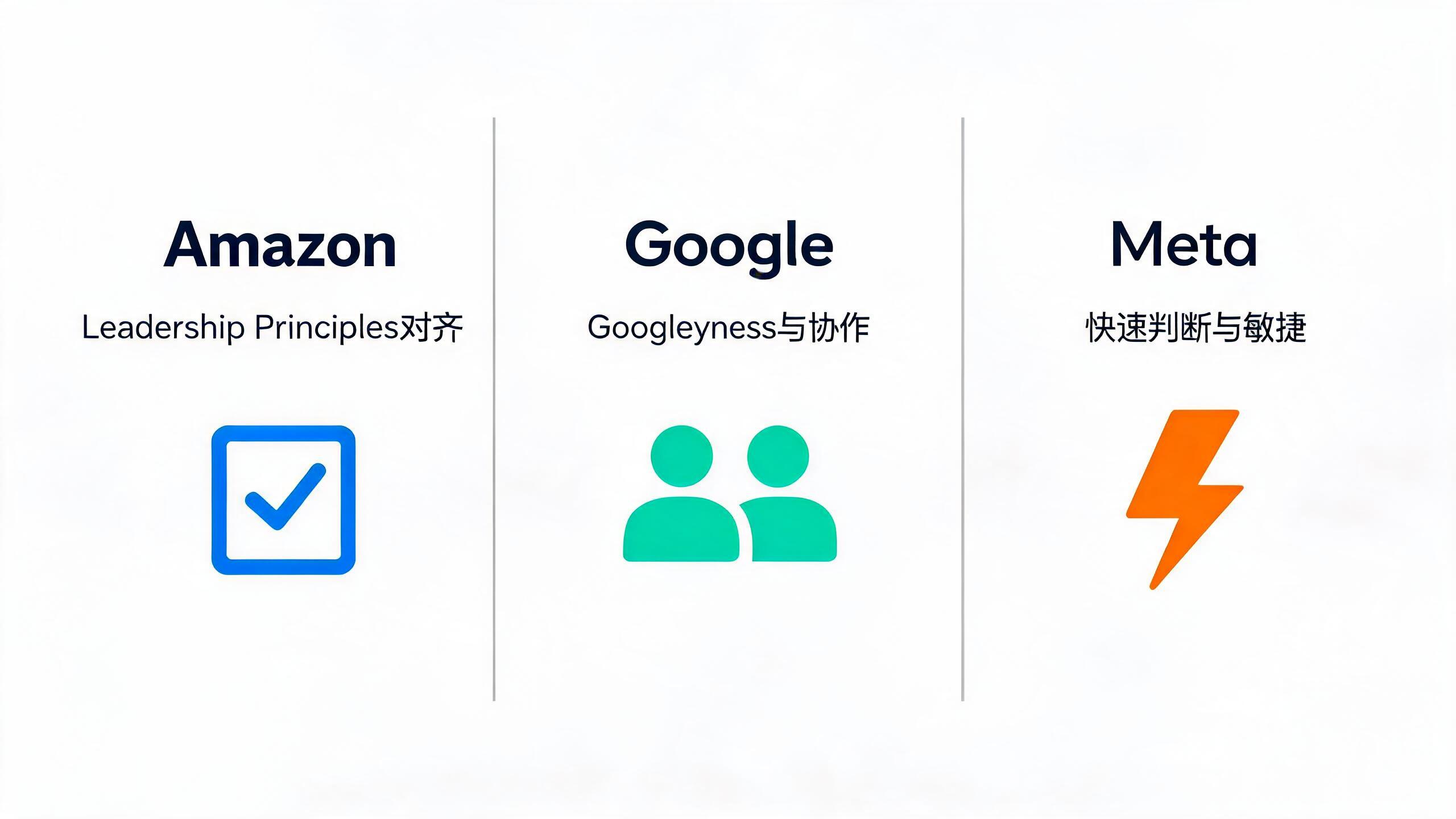Amazon、Google、Meta三家大厂行为面试的核心考察点对比:Amazon看Leadership Principles对齐,Google看Googleyness与协作,Meta看快速判断与敏捷