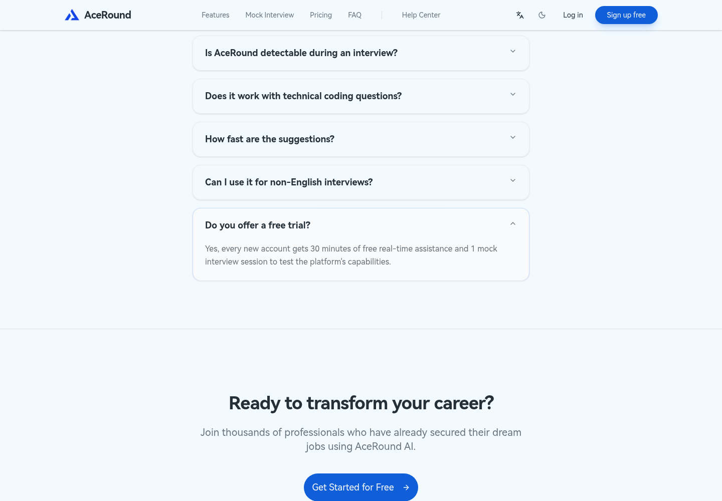 AceRound's free trial terms, shown directly on the pricing FAQ: 30 minutes of real-time assistance plus one mock interview session, no card required
