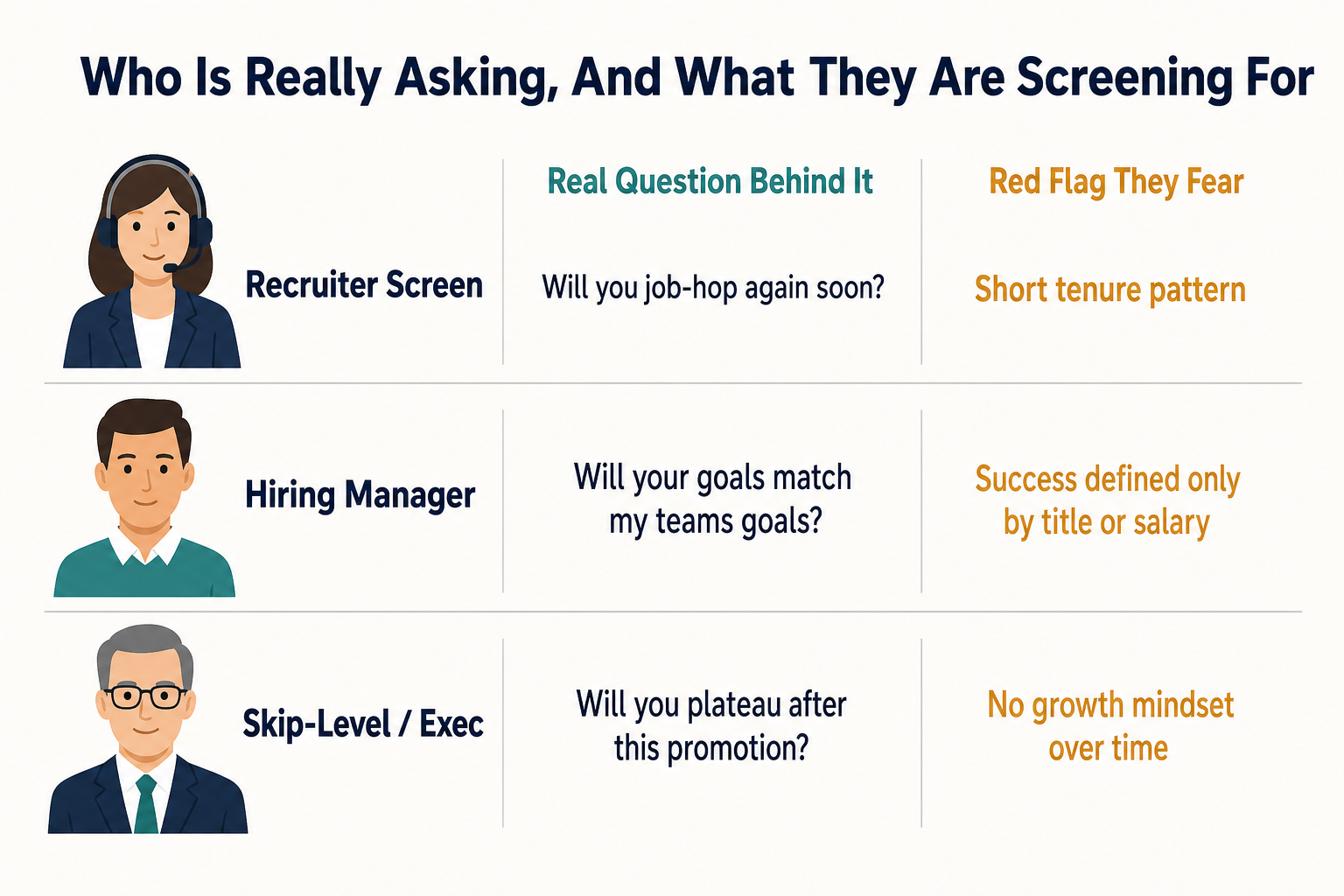 Who is really asking "how do you measure success" and what they're screening for — recruiter screen, hiring manager, and skip-level exec each test a different risk