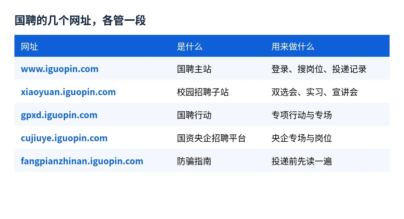 国聘几个网址各管什么:主站、校园招聘、国聘行动、防骗指南