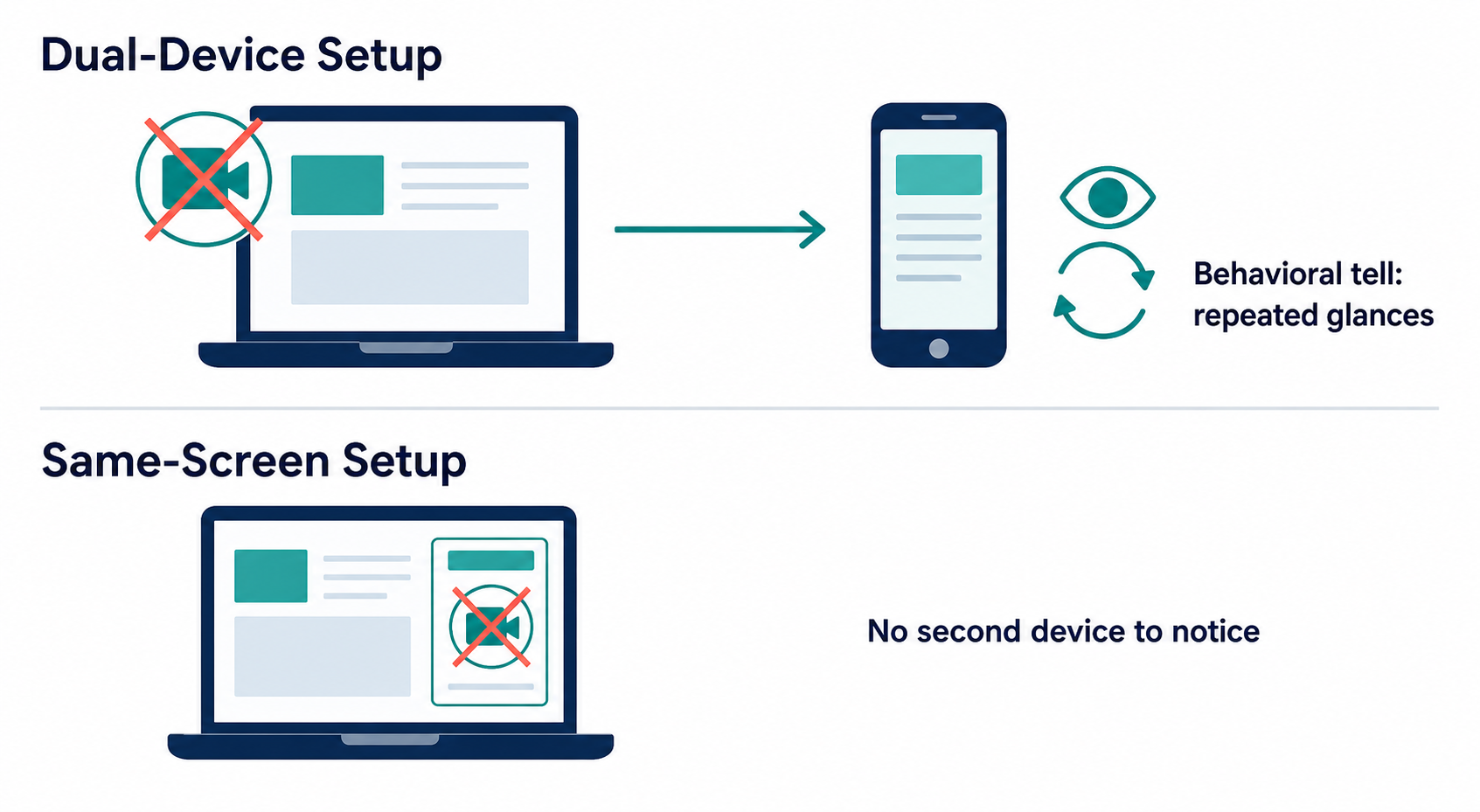 Dual-device setup relocates screen-capture risk to a behavioral tell, while a same-screen desktop overlay removes the second device entirely