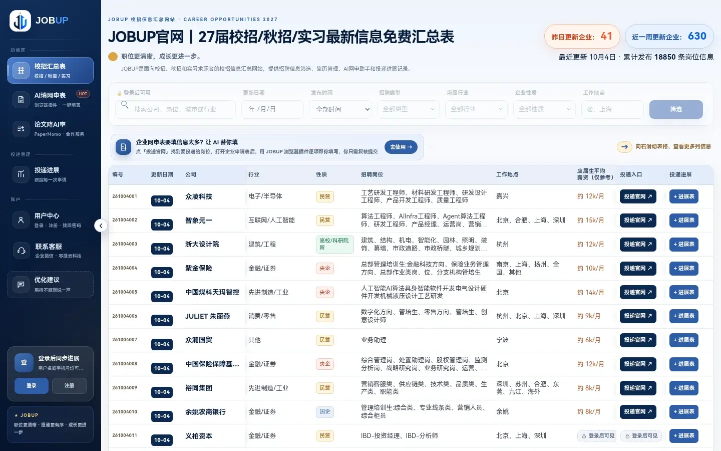 JOBUP 首页校招汇总表，列有编号、更新日期、公司、行业、性质、招聘岗位、工作地点、薪资、投递入口和投递进展