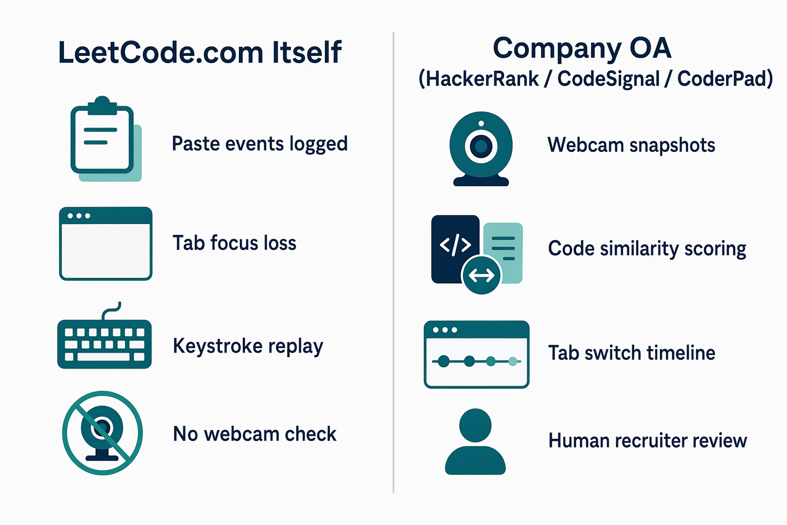 LeetCode's own platform monitors paste events, tab focus loss, and keystroke replay with no webcam check, while company OAs on HackerRank, CodeSignal, or CoderPad add webcam snapshots, code similarity scoring, and human recruiter review