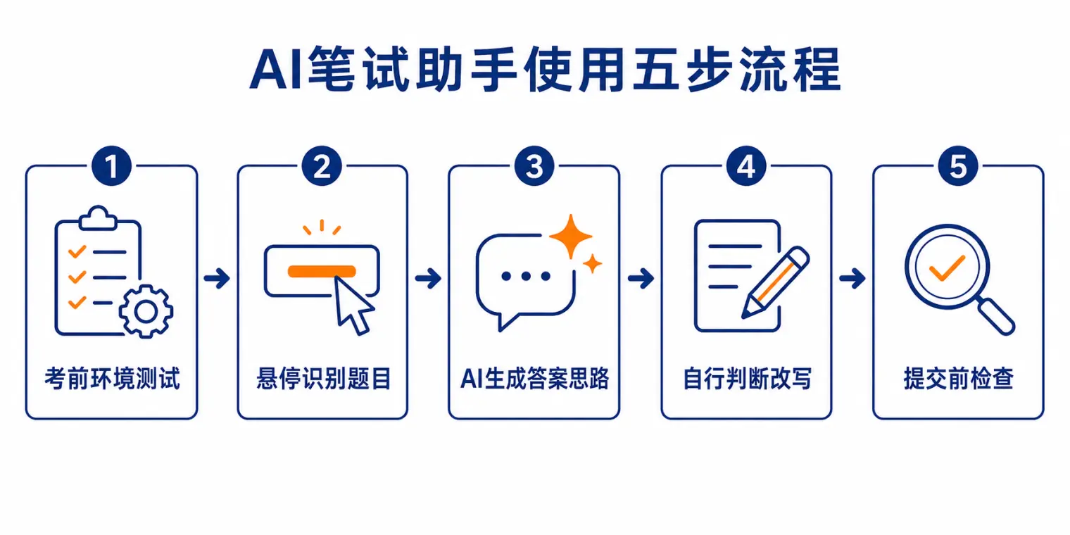 AI笔试助手使用五步流程:考前环境测试、悬停识别题目、AI生成答案思路、自行判断改写、提交前检查