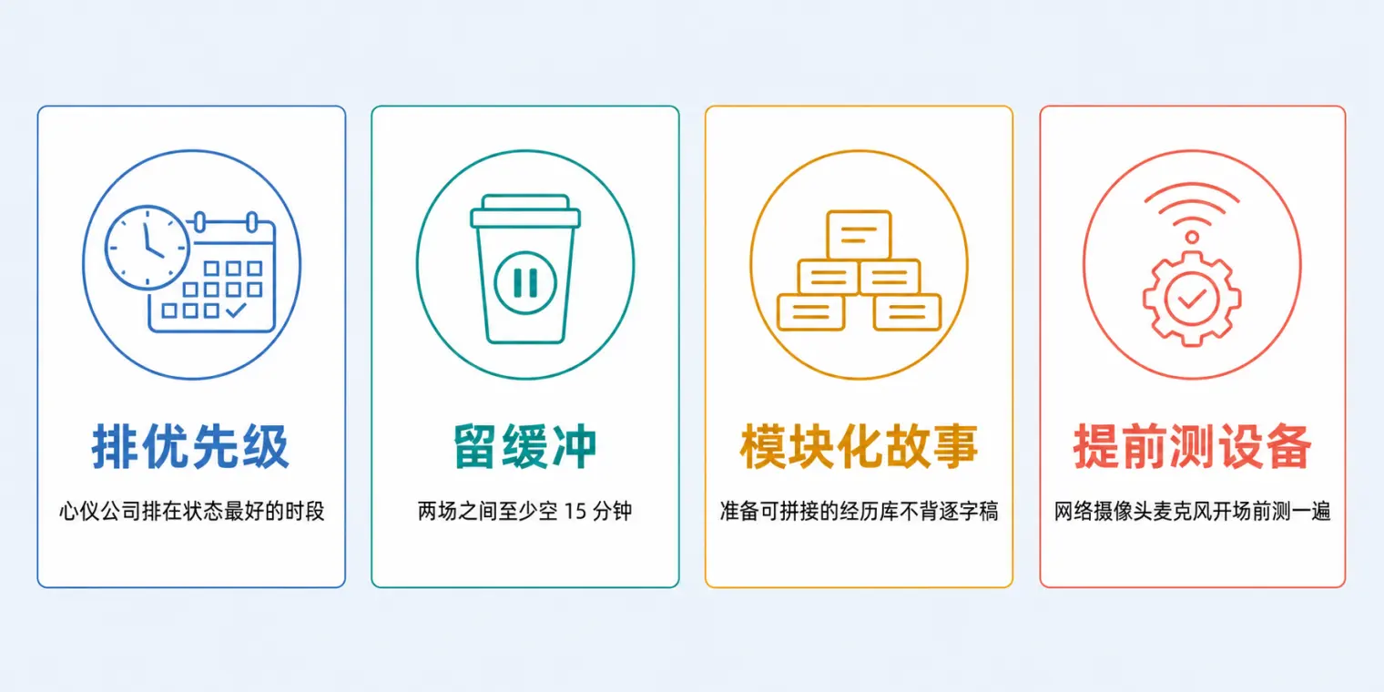 一天多场AI面试排布建议:排优先级、留缓冲、准备模块化故事、提前测设备