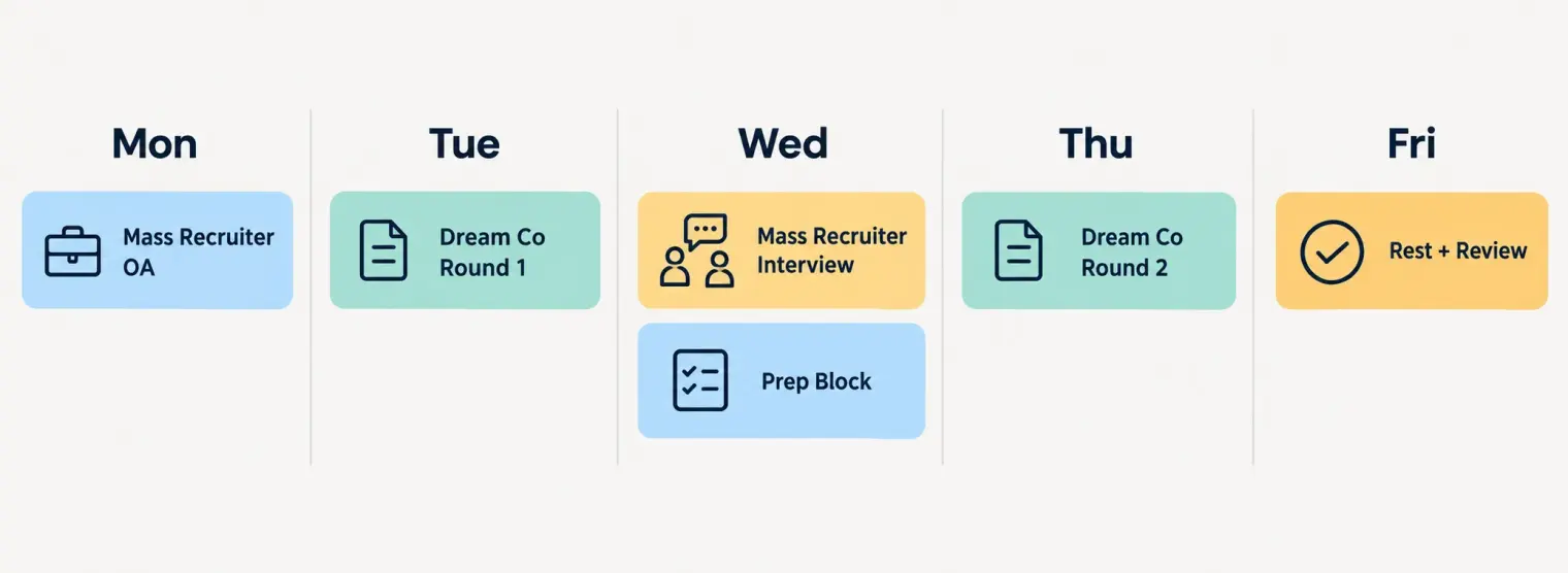 A weekly calendar strip showing Monday through Friday, with a mass recruiter OA on Monday, a dream company round one on Tuesday, a mass recruiter interview and a prep block on Wednesday, a dream company round two on Thursday, and rest plus review on Friday