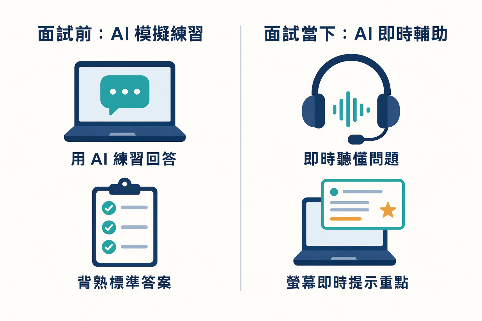 面試前用 AI 模擬練習回答,跟面試當下用 AI 即時聽懂問題、螢幕提示重點,兩種不同階段的輔助方式對照
