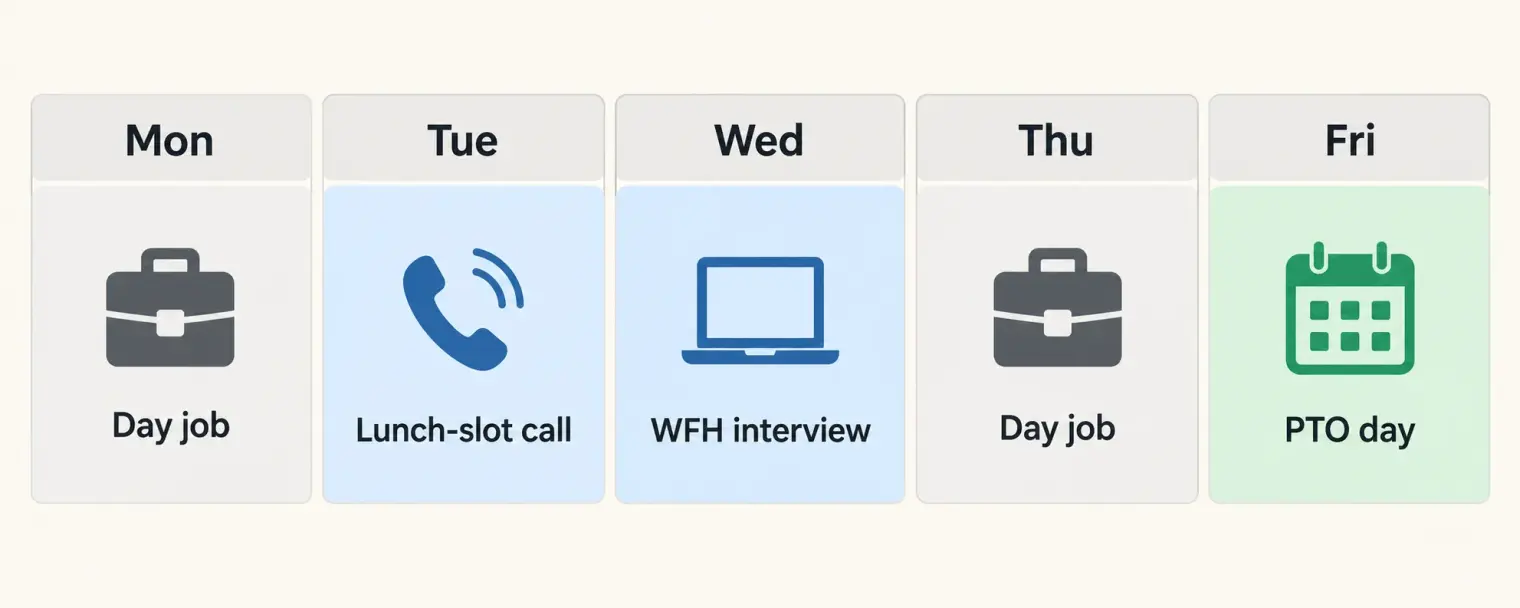 A weekly calendar strip showing a working professional's week: day job on Monday and Thursday, a lunch-slot call Tuesday, a WFH interview Wednesday, and a PTO day Friday for a second round