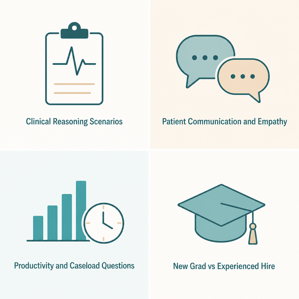 Four question categories in a physical therapist interview: clinical reasoning scenarios, patient communication and empathy, productivity and caseload questions, and new grad versus experienced hire differences