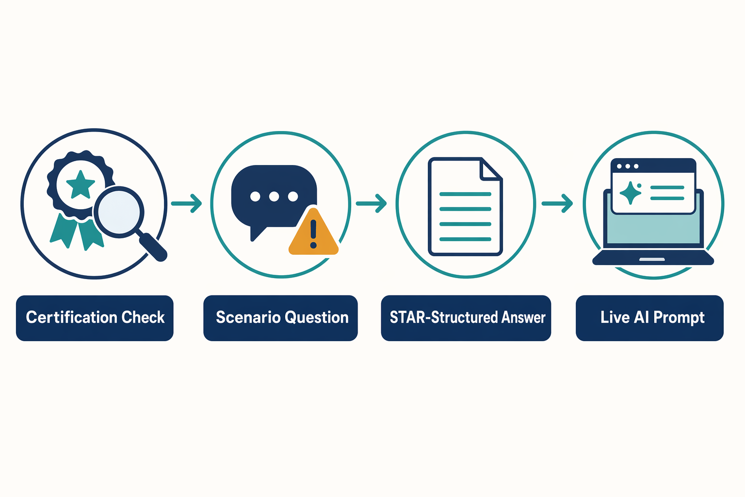 Four-step flow: certification check, scenario question about a blocked sprint or standup conflict, STAR-structured answer, live AI prompt on screen