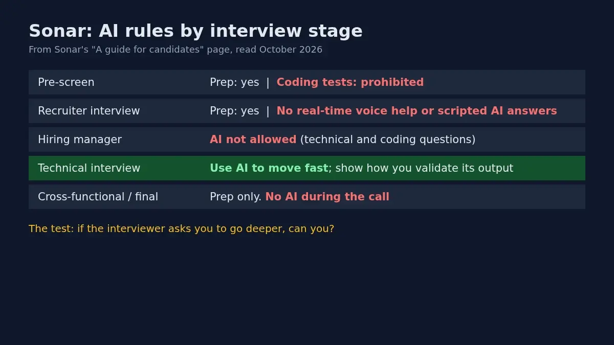 Sonar's AI rules by interview stage: pre-screen coding tests prohibited, recruiter and hiring manager no live AI, technical interview use AI, final interviews no AI