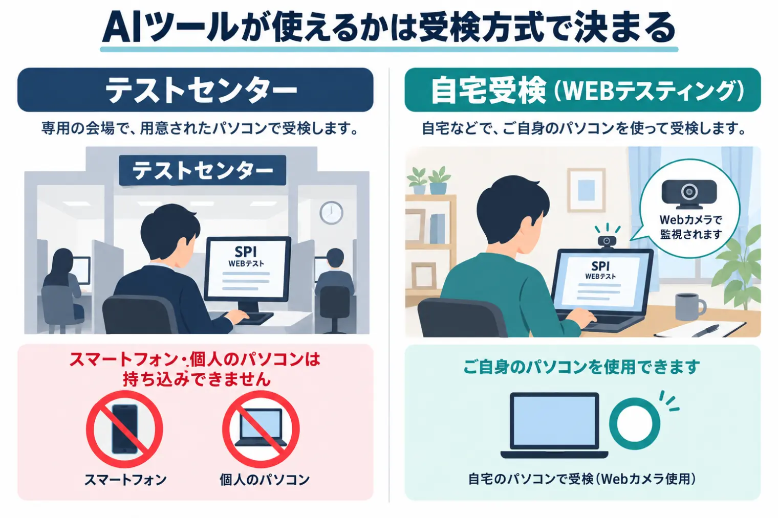 AIツールが使えるかは受検方式で決まる:テストセンターは会場の共用パソコンで私物持込不可、自宅受検(WEBテスティング)はWebカメラ監視付きで自分のパソコンを使用