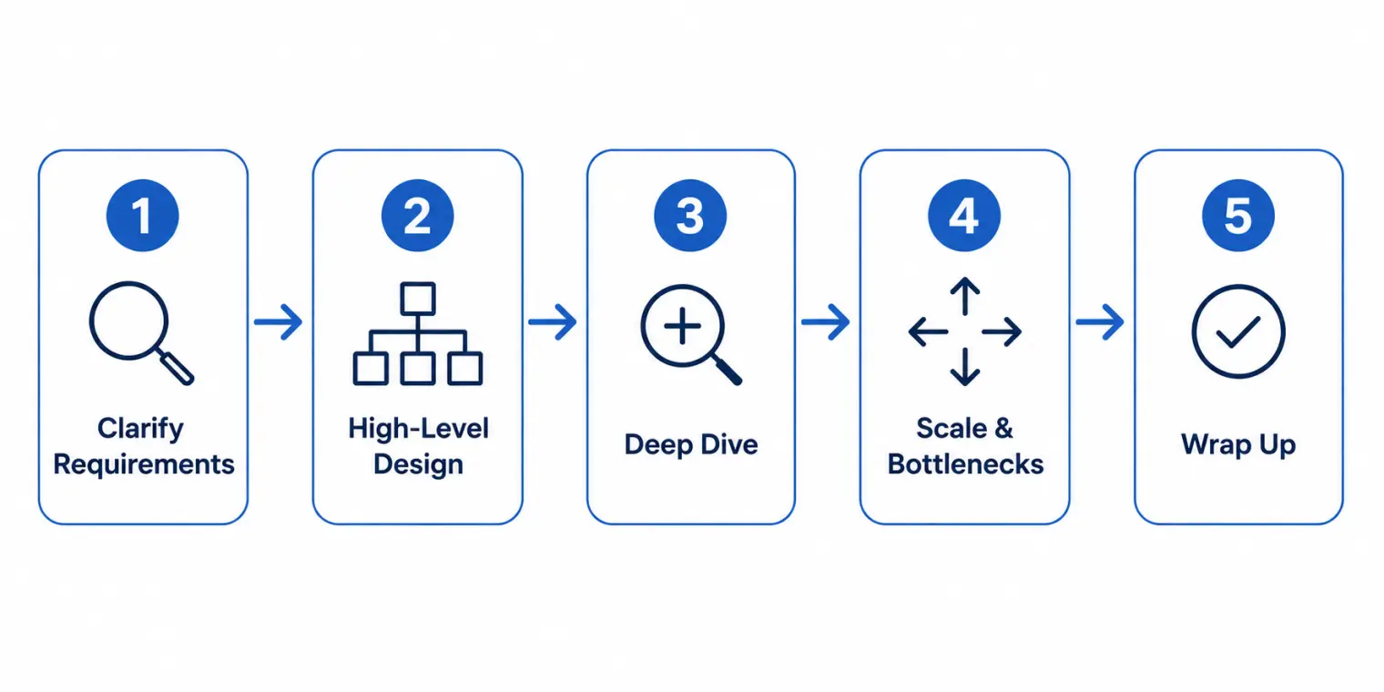 The five steps of a system design interview: clarify requirements, high-level design, deep dive, scale and bottlenecks, wrap up