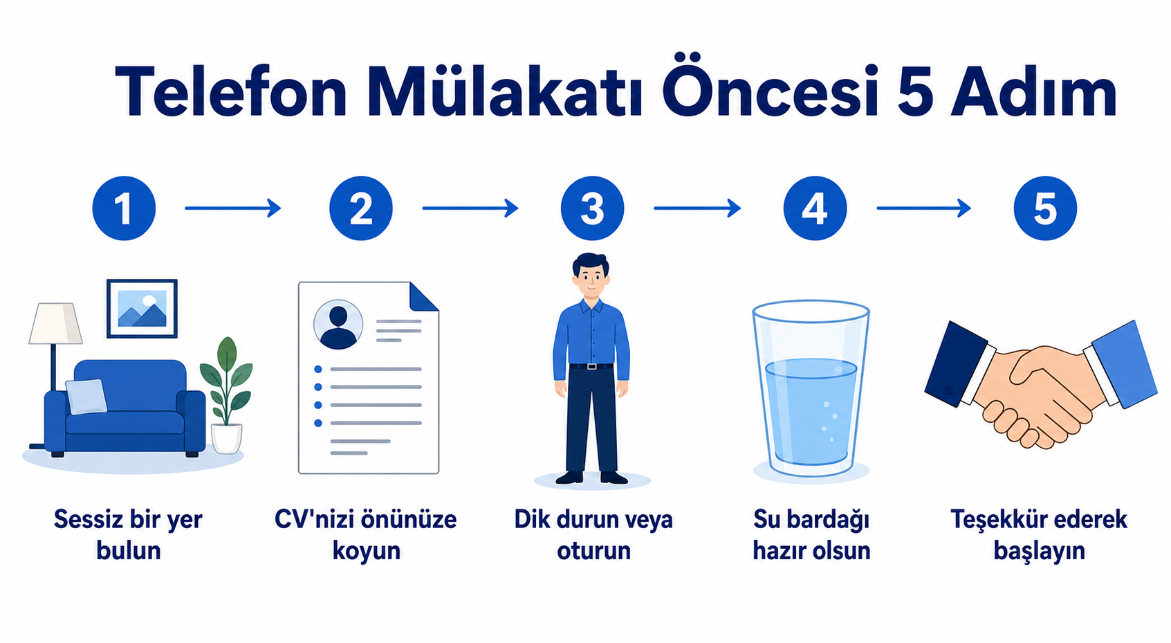 Telefon mülakatı öncesi 5 adımı gösteren infografik: sessiz bir yer bulun, CV'nizi önünüze koyun, dik durun veya oturun, su bardağı hazır olsun, teşekkür ederek başlayın