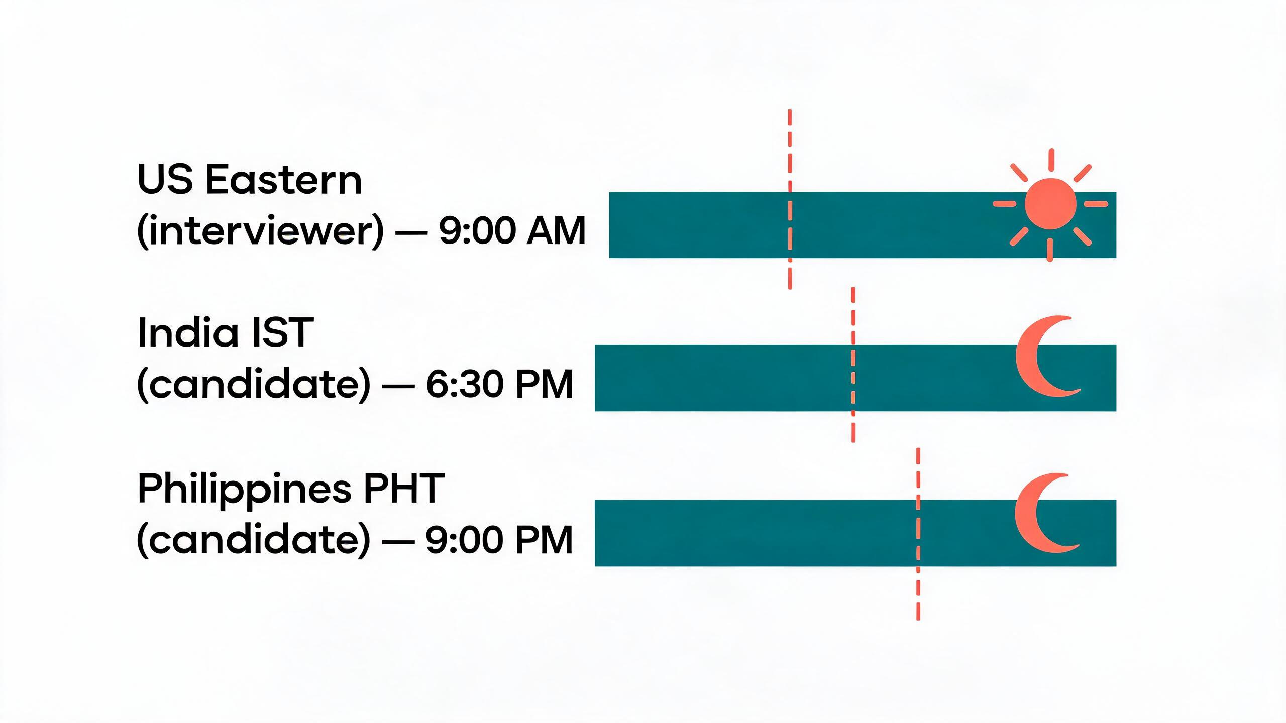 The same 9:00 AM US Eastern interview slot lands at 6:30 PM in India and 9:00 PM in the Philippines on the same calendar day